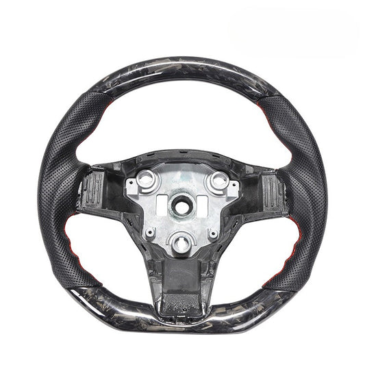 For Tesla Model 3 Y Marble Forged Black Perforated Leather Red Stitched Steering Wheel Modification