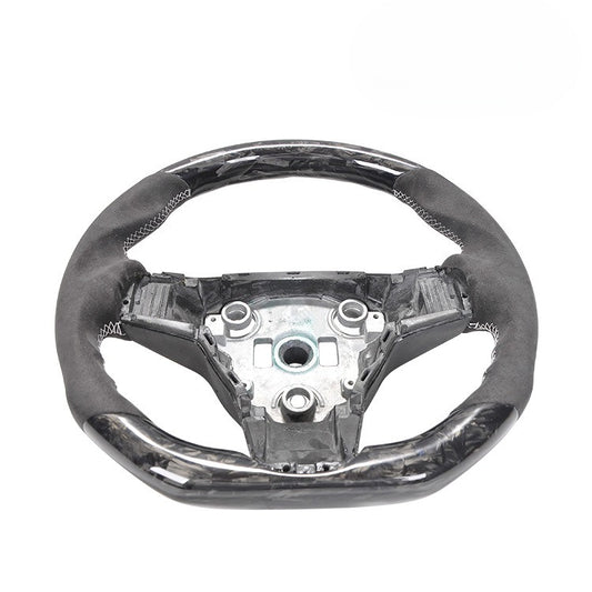 For Tesla Model 3 Y Marble Forged Black Perforated Leather Brown Stitched Steering Wheel Retrofit