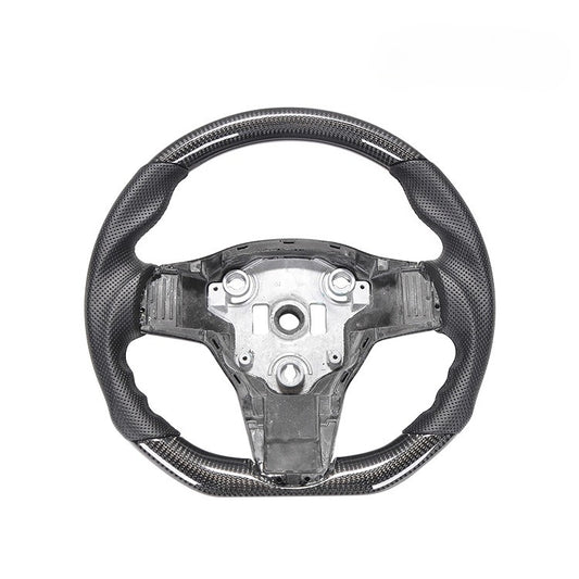 For Tesla Model 3 Y Black Carbon Fiber Black Punched Black Stitched Steering Wheel Modification