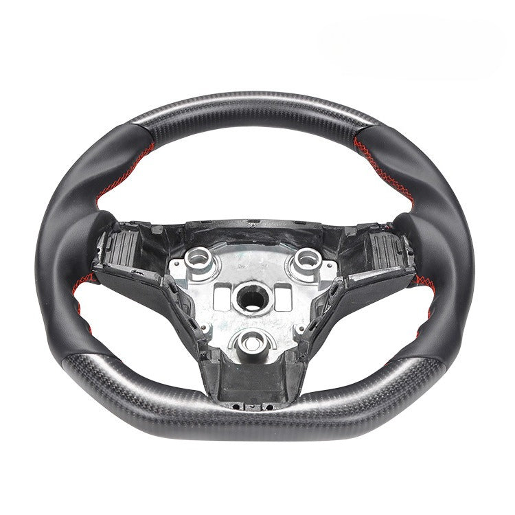 For Tesla Model 3 Y Carbon Fiber Matte Black Non-Porous Leather Red Line Steering Wheel