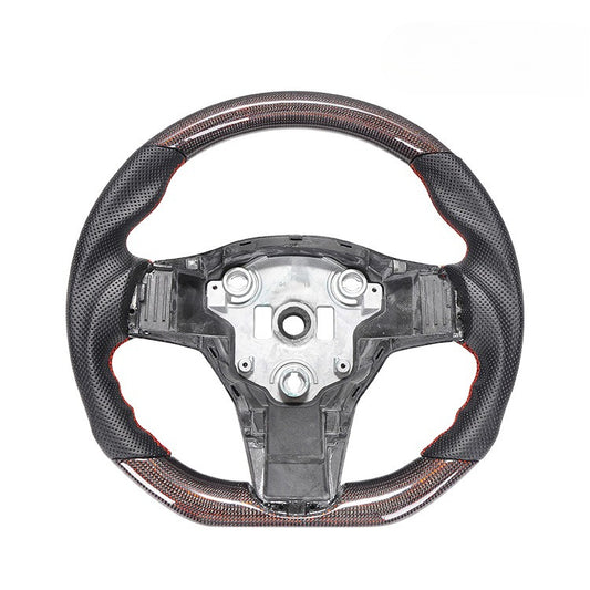 For Tesla Model 3 Y Red Carbon Fiber Black Punched Leather Red Stitching Steering Wheel Retrofit