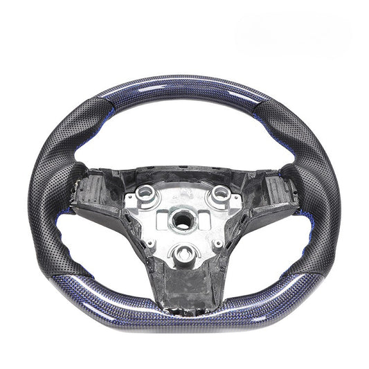 For Tesla Model 3 Y Blue Carbon Fiber Black Punched Leather Blue Stitched Steering Wheel Retrofit