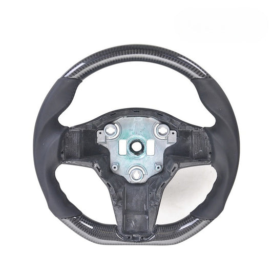 For Tesla Model 3 Y Carbon Fiber Steering Wheel Modification, Black Leather Titanium Wheel, Sports Steering Wheel