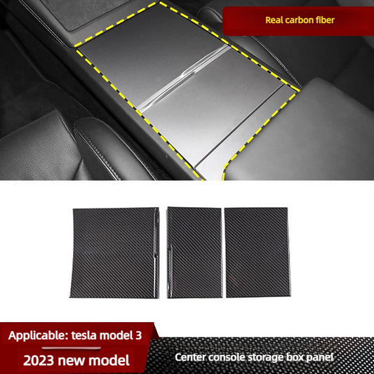 Full-Coverage Carbon Fiber Console Storage Lid Trim for 2023+ New Tesla Model 3 – Perfect Upgrade